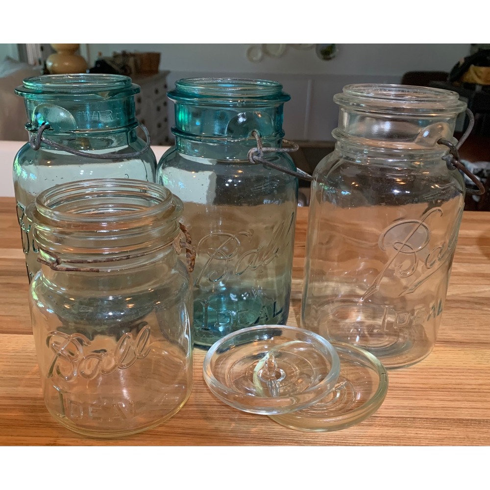 Ball Ideal Vintage Mason Jars Aqua Blue Clear Glass Retro Cottagecore Lot of 4